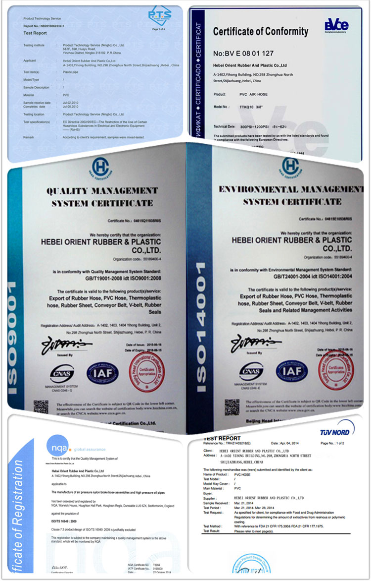 Certificate of pvc hose